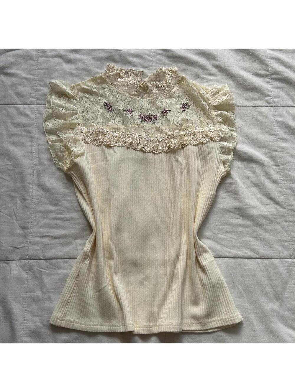 Axes Femme Ivory Floral Lace Rose Embroidery Ruffle Sleeve Top M Japan